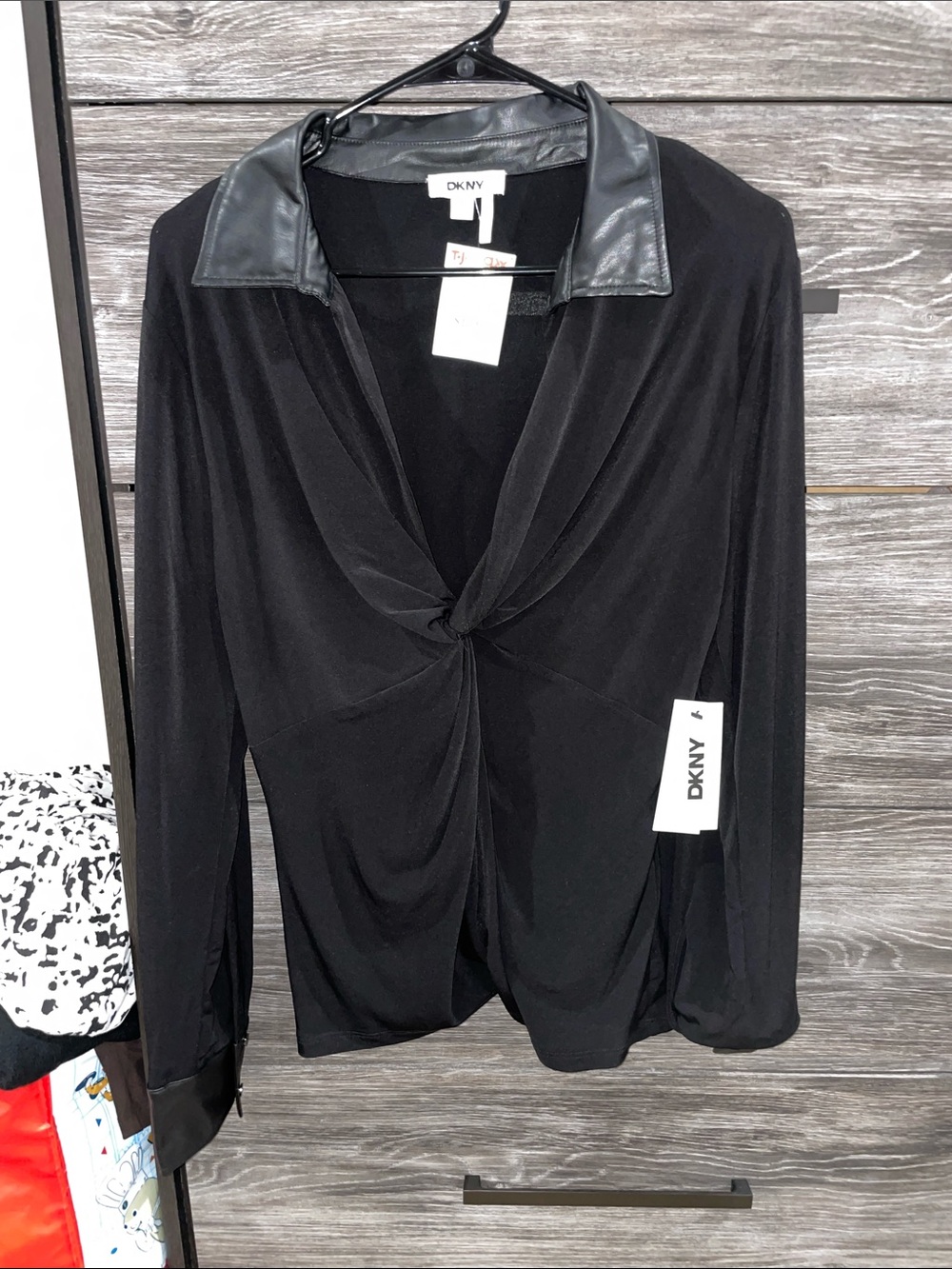 DKNY Black Faux-Leather Collar Knot-Front Blouse